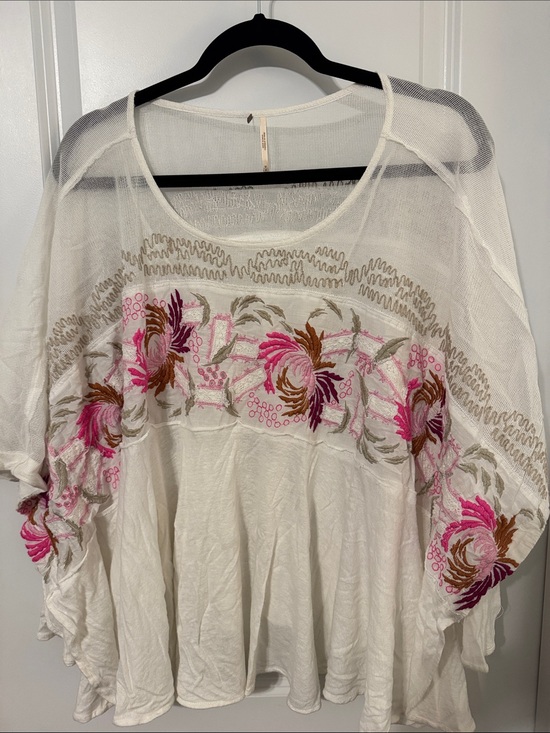Free People Tops - Free People White Tunic with Pink & Brown Floral Embroidery